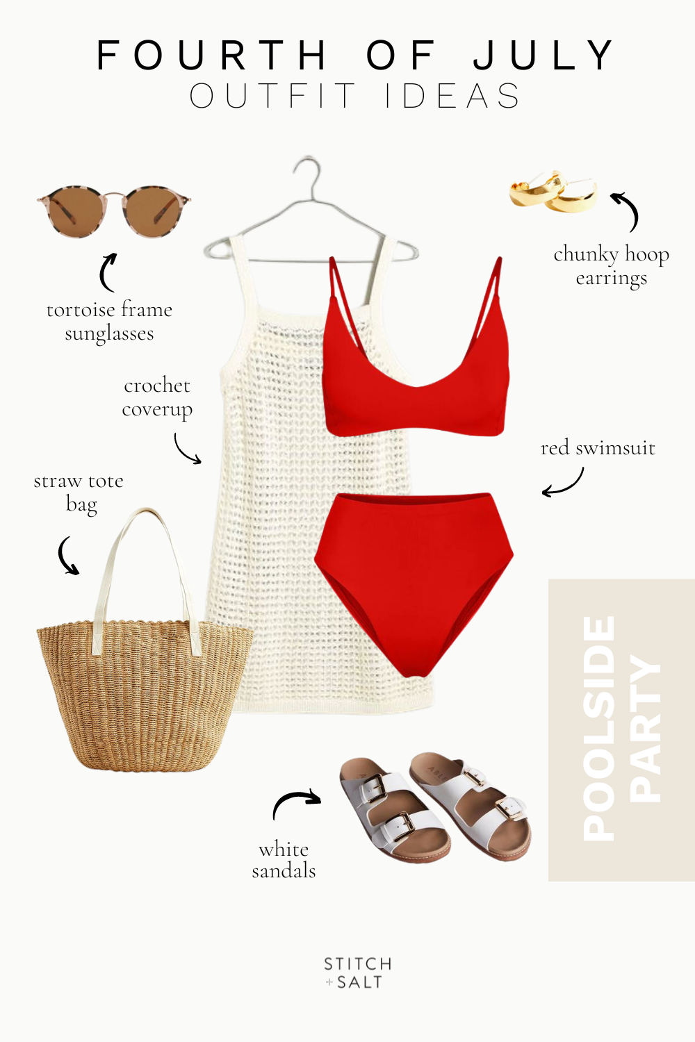 outfit for the pool with a red two piece swimsuit, crochet dress coverup, straw tote bag, tortoise shell sunglasses, chunky hoop earrings, and white sandals
