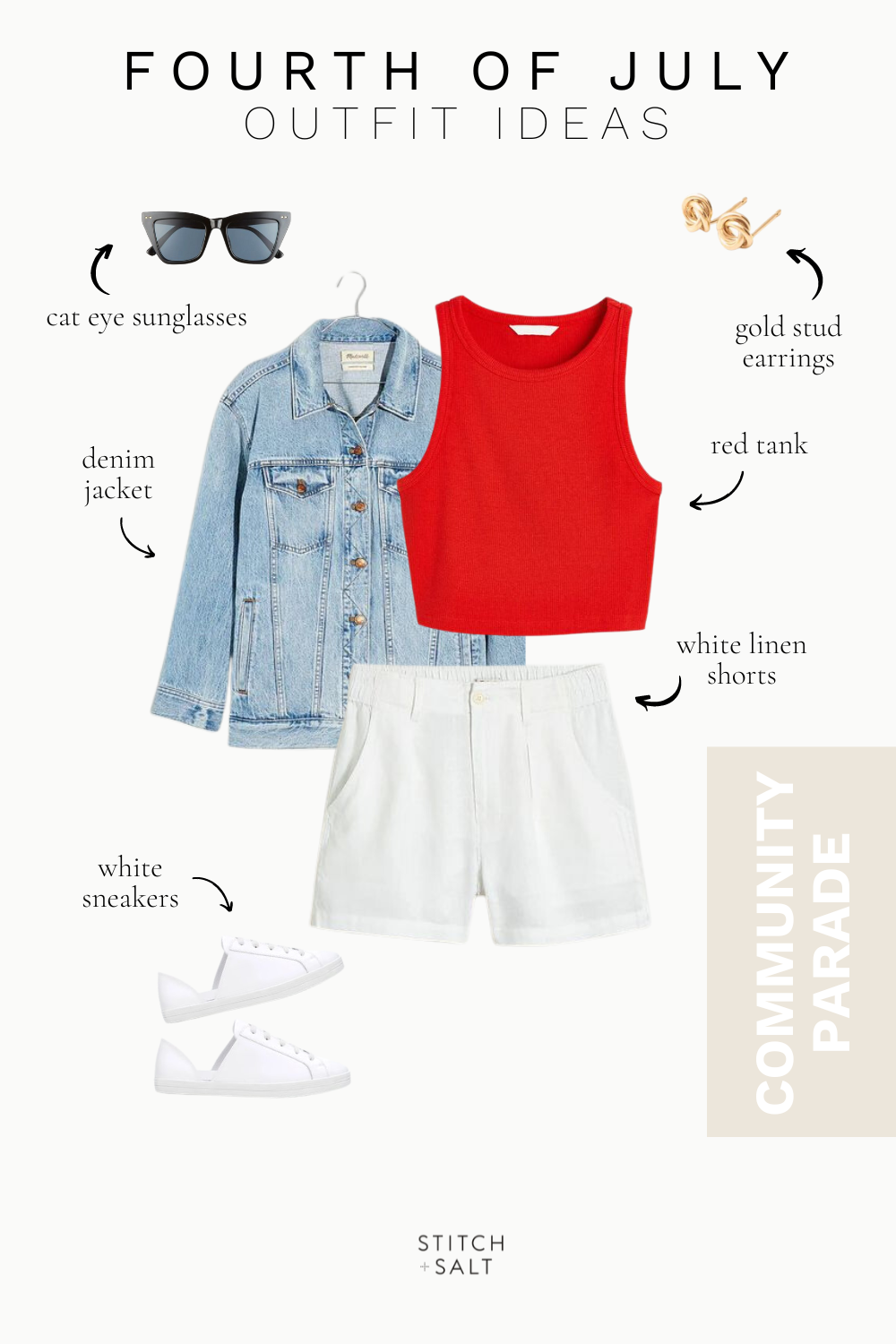 minimal fourth of july outfit with a red tank, white linen shorts, denim jacket, and white sneakers