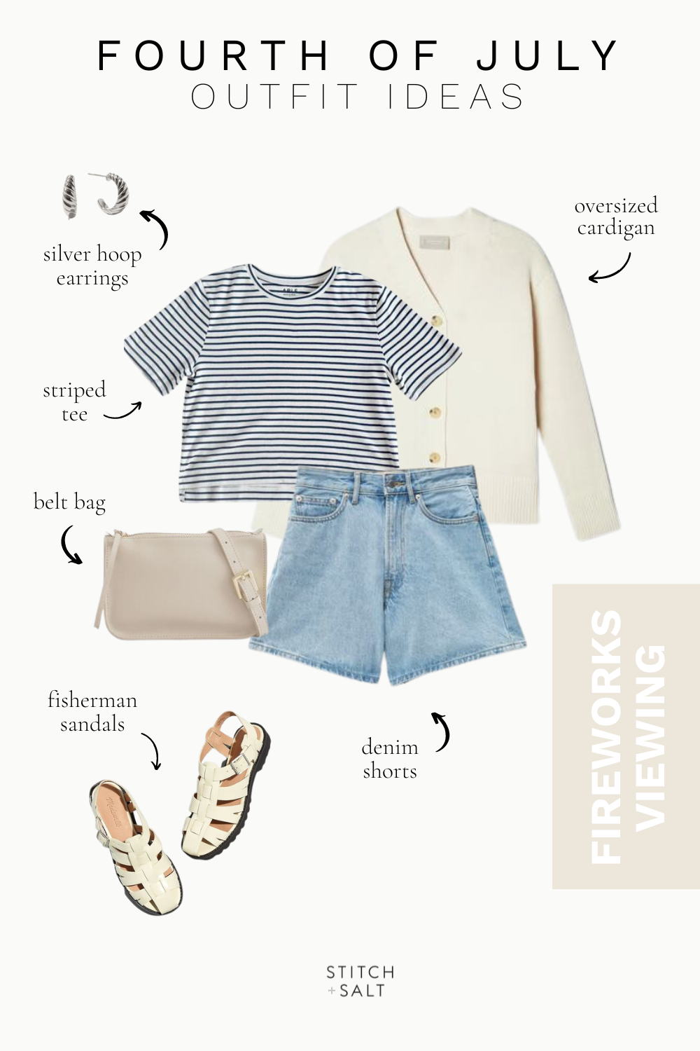 minimal fourth of july outfit with a white and navy striped tee, beige cardigan, light wash denim shorts, beige belt bag, and white fisherman sandals