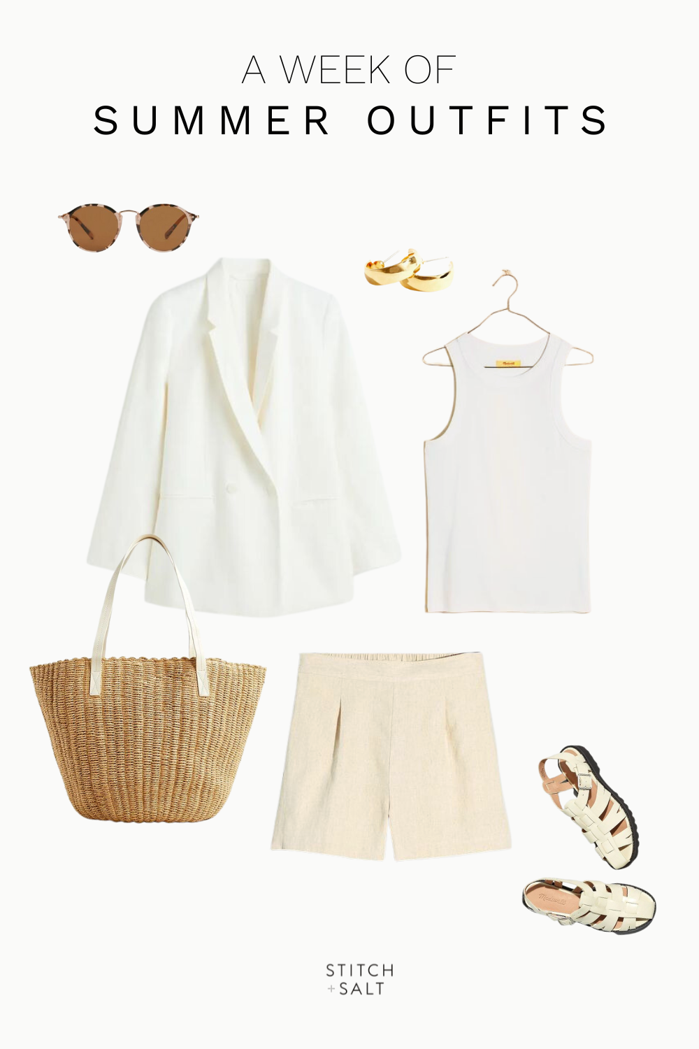 summer outfit idea with a white tank, white blazer, beige linen shorts, white fisherman mules, and a woven tote bag