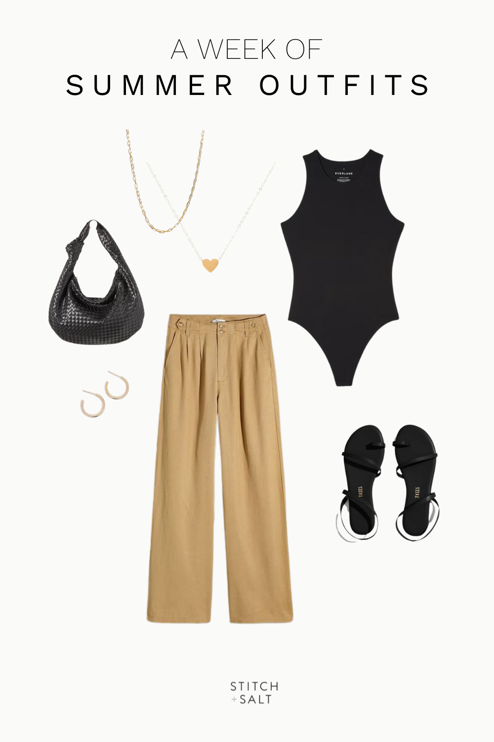 minimal summer outfit idea with a black bodysuit, tan wide leg trousers, black strappy sandals, a black woven handbag, and hoop earrings