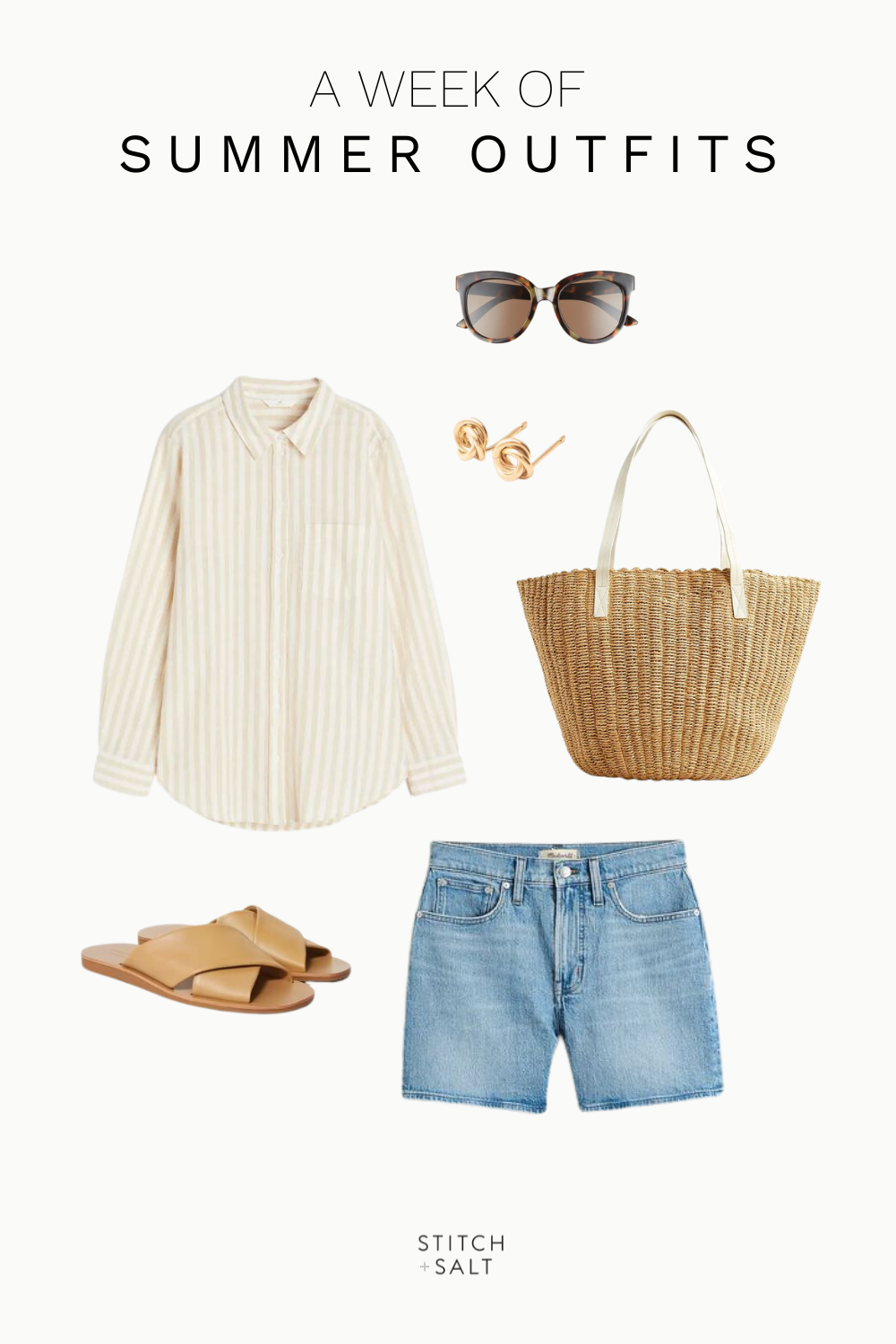 weekend summer outfit idea with a striped linen shirt, light wash denim shorts, tan slide sandals, a woven tote bag, and round sunglasses