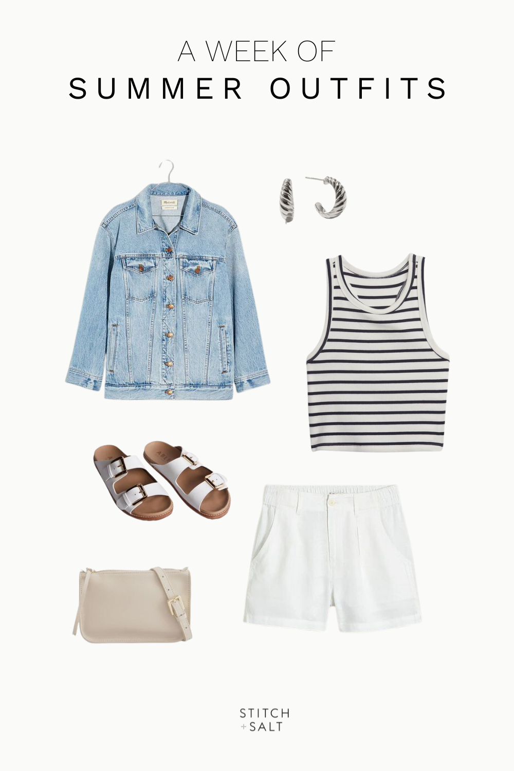 casual summer outfit idea with a striped tank, linen shorts, white sandals, denim jacket, and silver hoop earrings