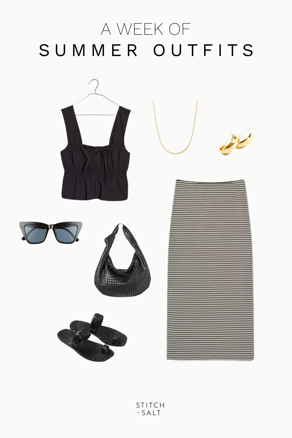 chic summer outfit idea with a striped maxi skirt, black smocked tank, black woven handbag, cat eye sunglasses, hoop earrings, and black sandals