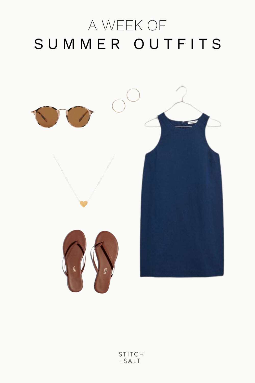 chic summer outfit idea with a navy shift dress, brown sandals, a heart charm necklace, hoop earrings, and tortoise shells sunglasses