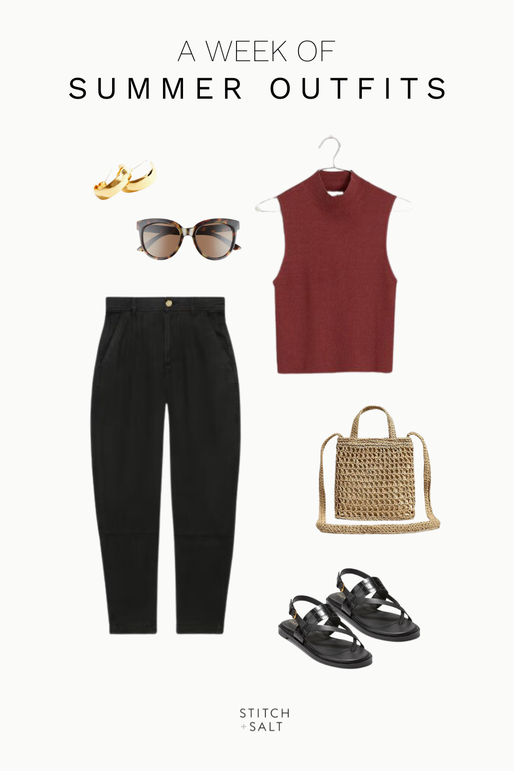 summer outfit idea with a red mockneck tank, tapered black pants, black strappy sandals, a woven handbag, and round sunglasses