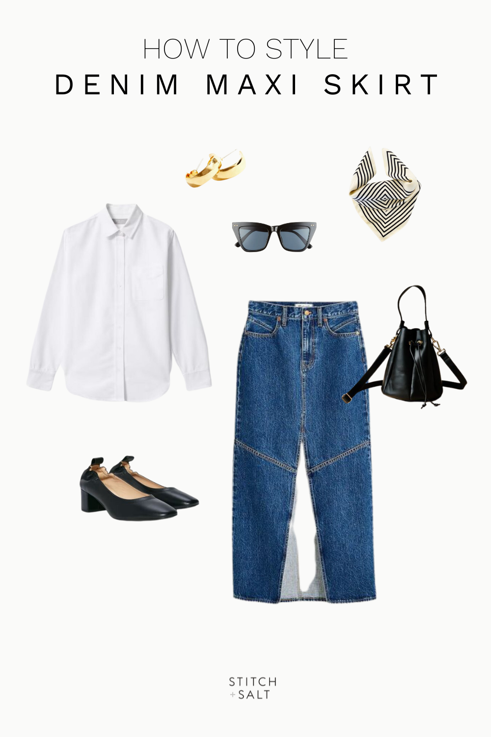 denim maxi skirt outfit idea with a white button down, black heels, black bucket bag, black cat eye sunglasses, chunky hoop earrings, and a striped silk scarf