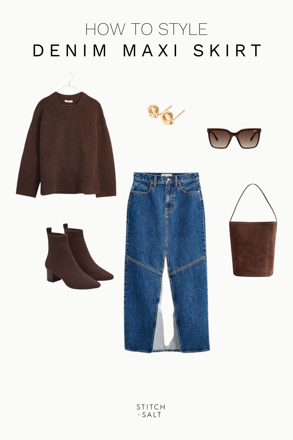 denim maxi skirt outfit idea with a chocolate brown sweater, chocolate brown sock booties, a brown bucket bag, and brown sunglasses, and gold stud earrings