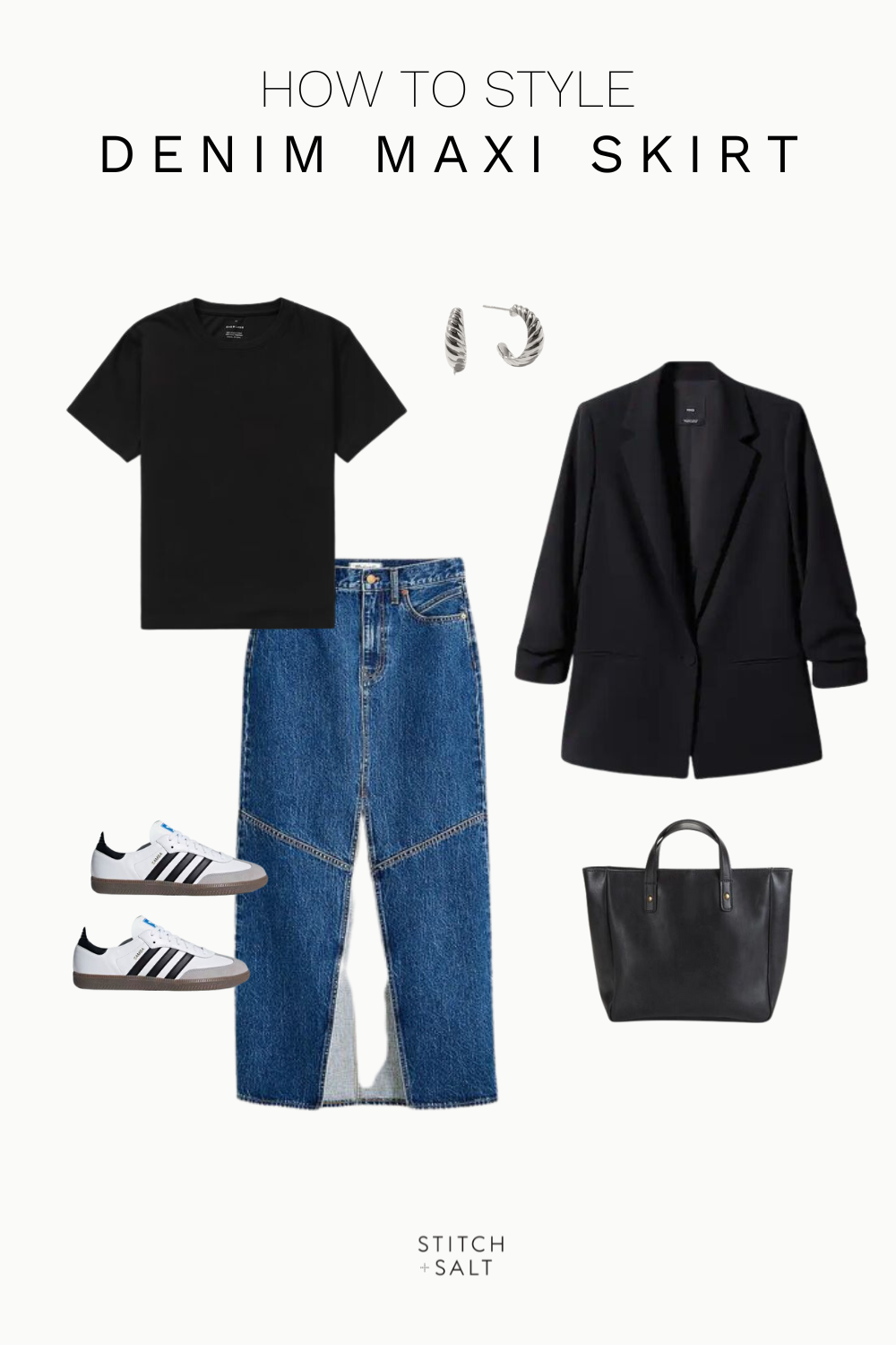 denim maxi skirt outfit with a black tee, black blazer, Adidas Sambas, black tote bag, silver hoop earrings