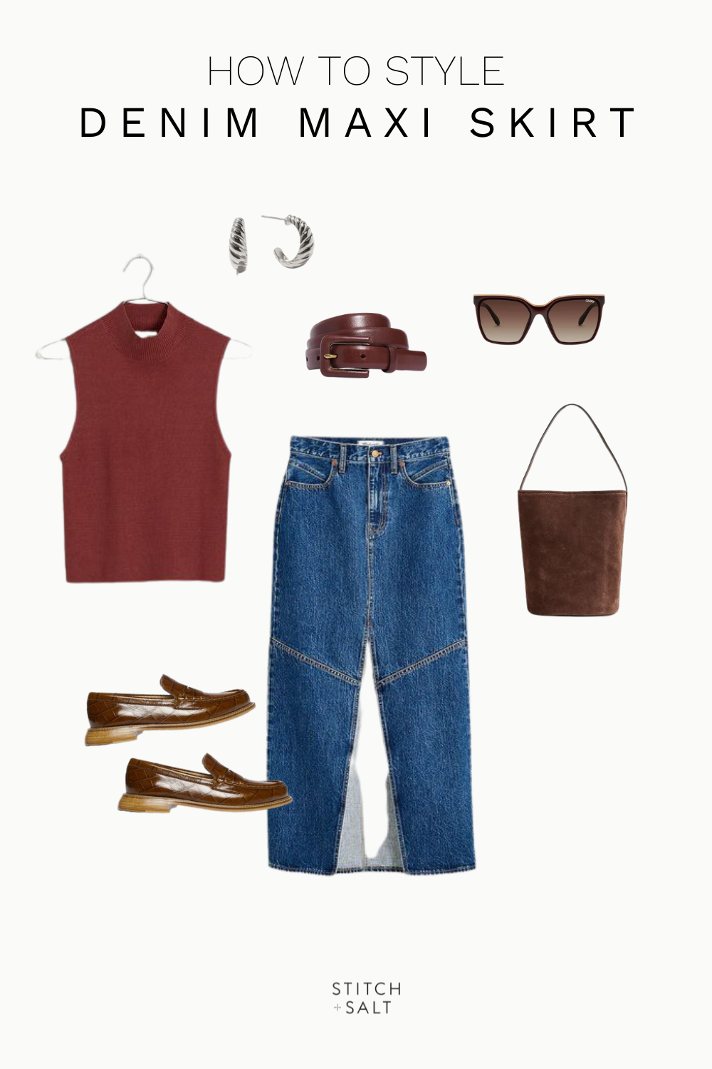 denim maxi skirt outfit idea with a rust colored mockneck sleeveless sweater, brown loafers, a chocolate brown bag, brown sunglasses, a brown belt, and silver hoop earrings