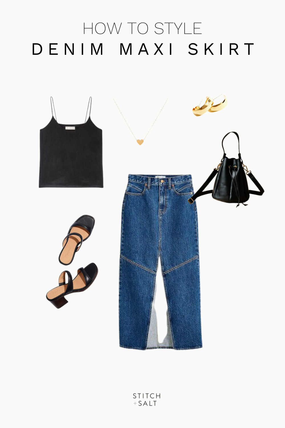 denim maxi skirt outfit idea with a black silk cami, black heeled sandals, a black bucket bag, a heart necklace, and chunky gold hoops