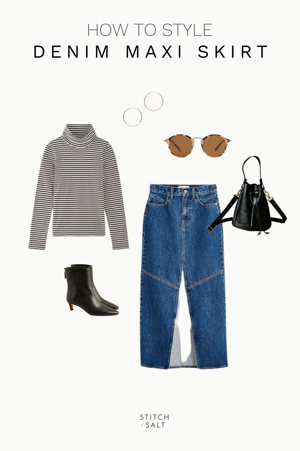 fall outfit idea with a black and white striped turtleneck, black booties, tortoiseshell sunglasses, and a black bucket bag