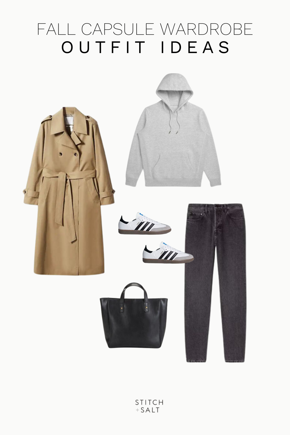 minimal fall outfit idea with a gray hoodie, camel trench coat, black denim, Adidas Sambas, and a black tote bag