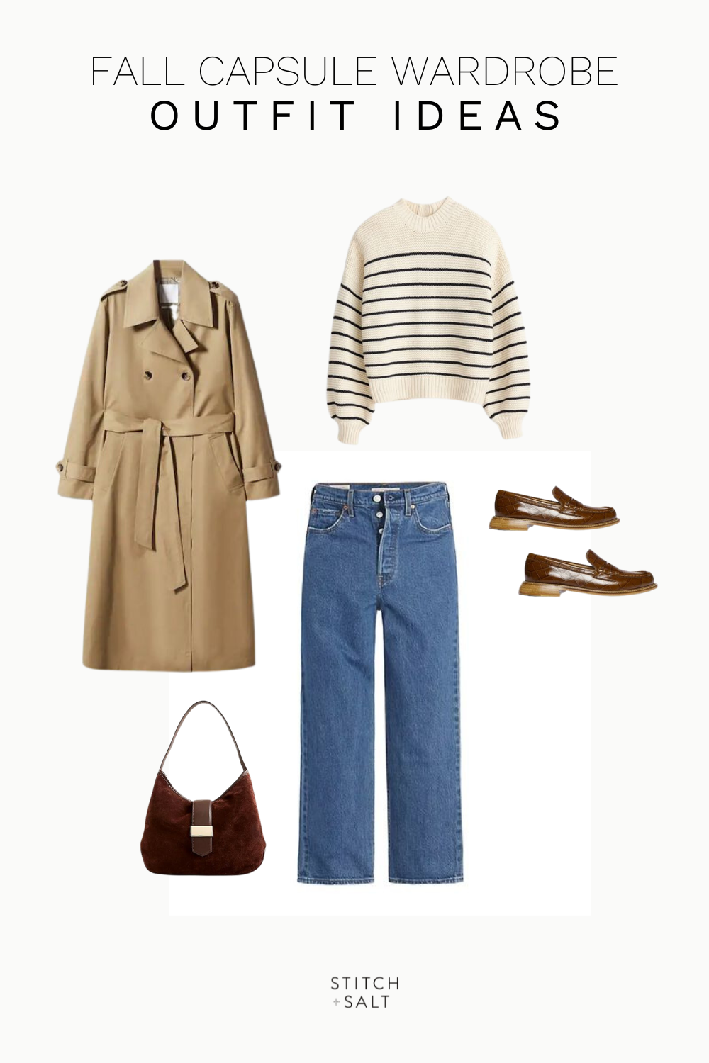 fall capsule wardrobe outfit idea with a striped sweater, camel trench coat, straight denim, brown loafers, brown bag, and