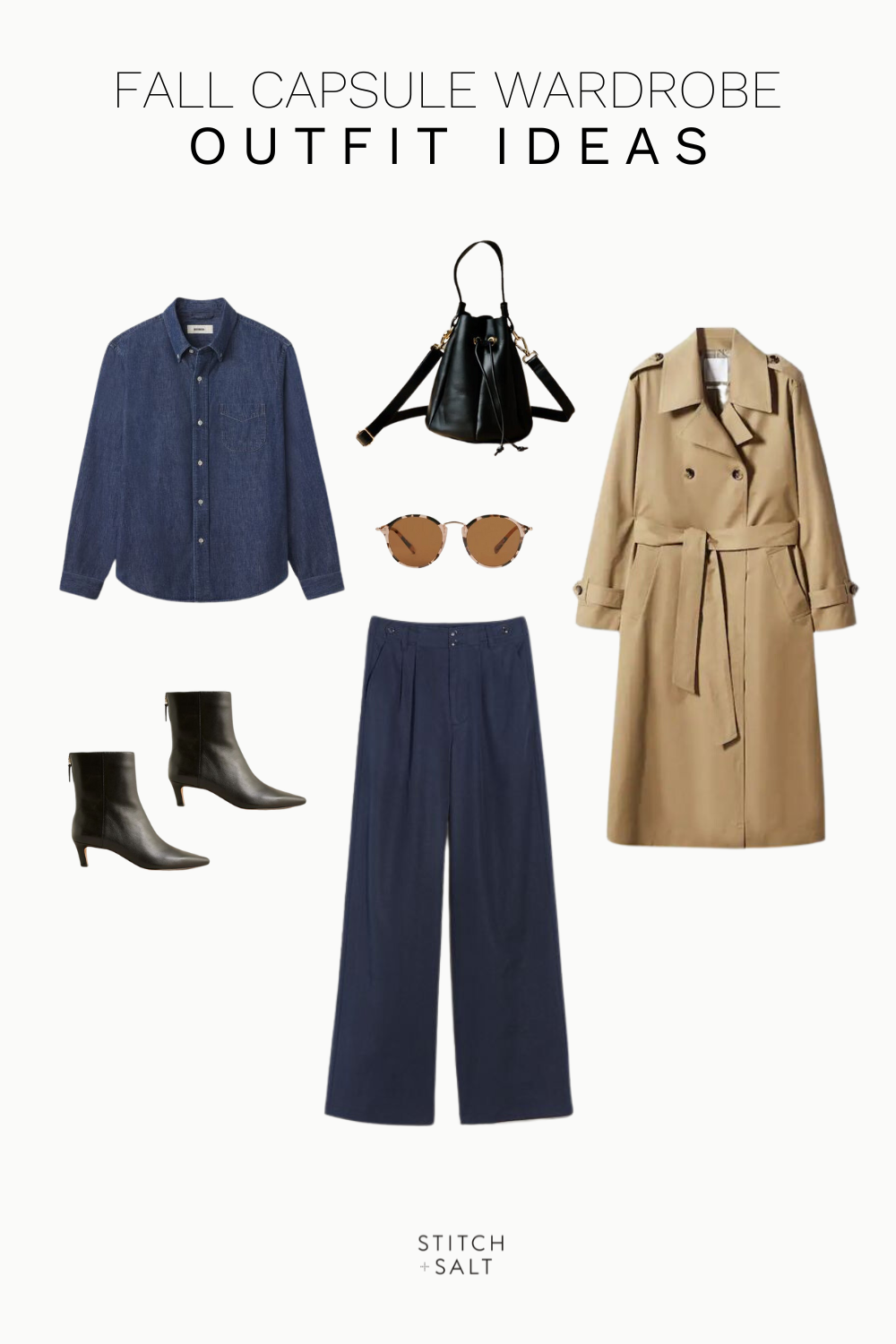 fall outfit idea with a denim shirt, navy trousers, camel trench coat, black heeled ankle boots, black bucket bag, and tortoiseshell sunglasses
