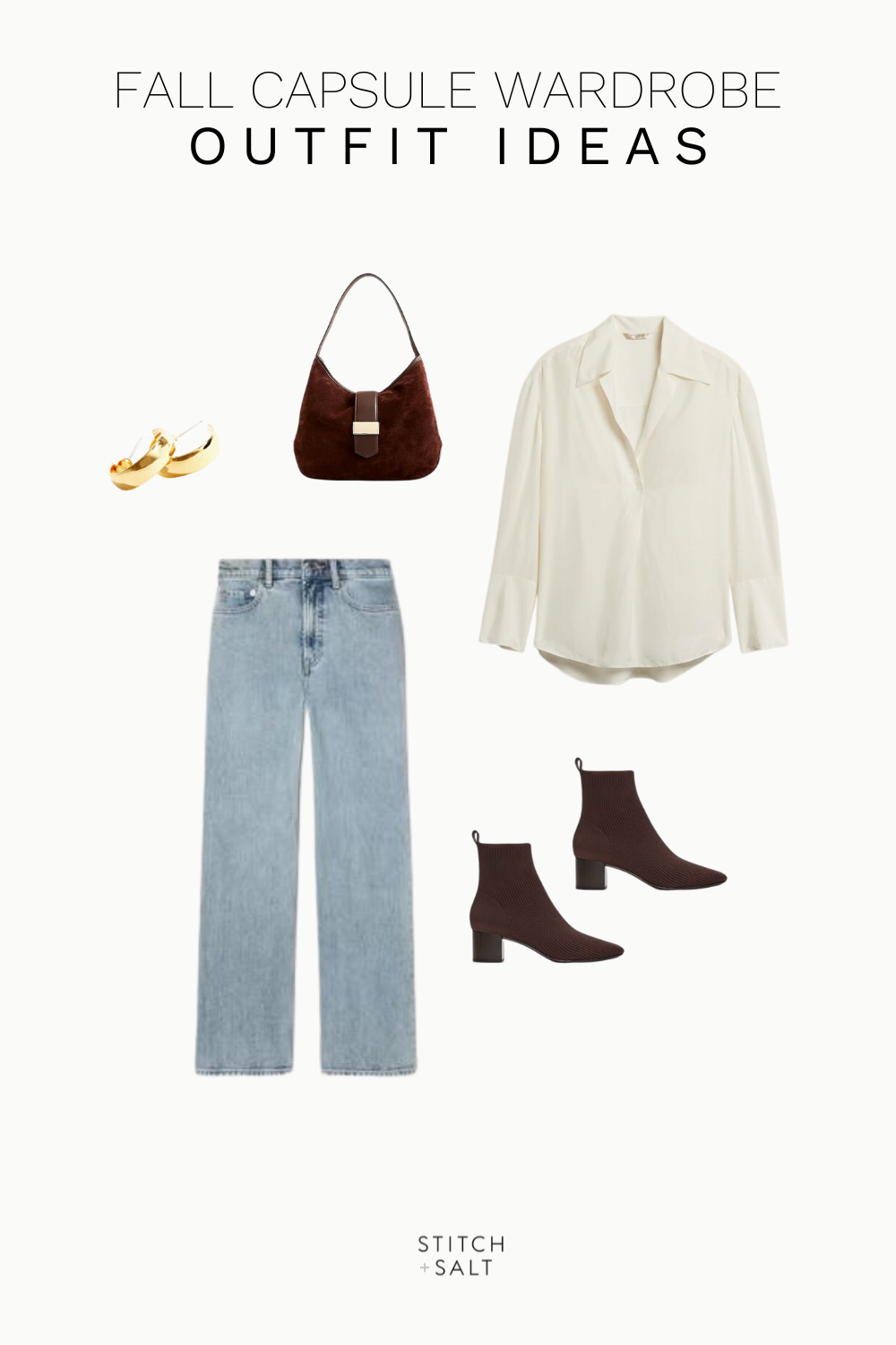 fall capsule wardrobe outfit idea with a white blouse, wide leg jeans, brown ankle boots, brown bag, and chunky hoop earrings