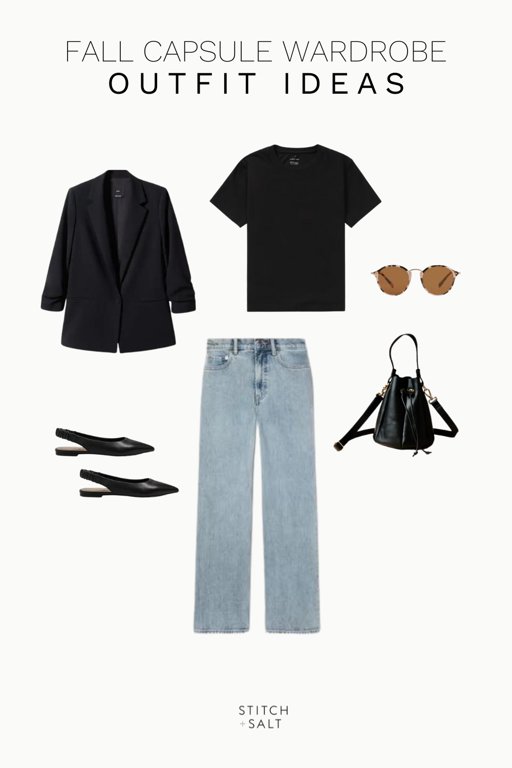 minimal fall outfit idea with a black tee, black blazer, wide leg jeans, black slingback flats, a black bucket bag, and tortoiseshell sunglasses