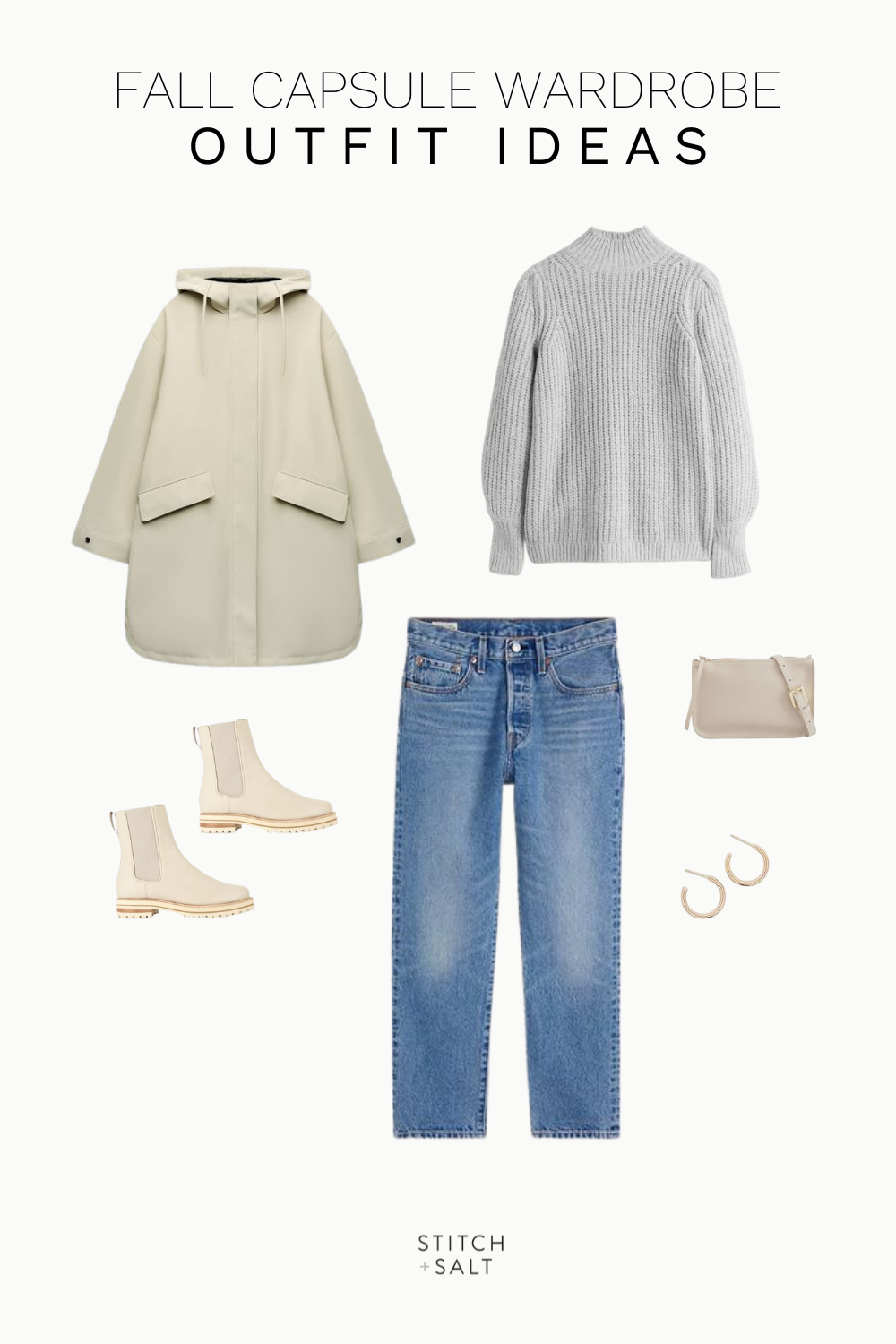 fall capsule wardrobe outfit idea with a gray sweater, beige raincoat, cream colored chelsea boots, beige belt bag, and hoop earrings
