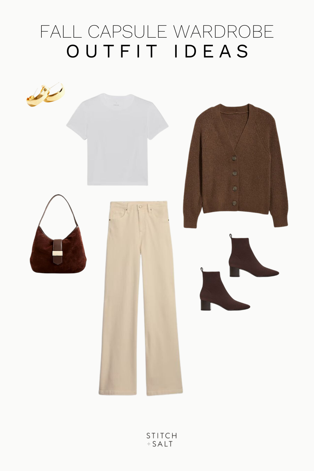 fall capsule wardrobe outfit idea with a brown cardigan, white tee, ecru denim, brown boots, and a brown bag