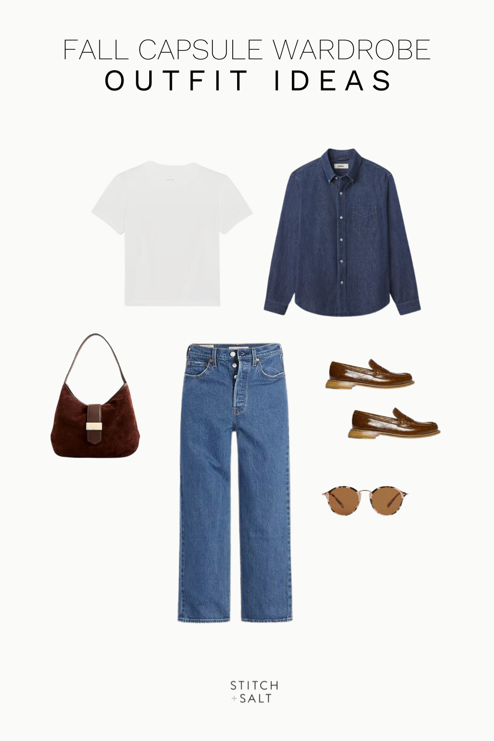 fall capsule wardrobe outfit idea with a denim shirt, white tee, straight denim, brown loafers, brown bag, and tortoiseshell sunglasses