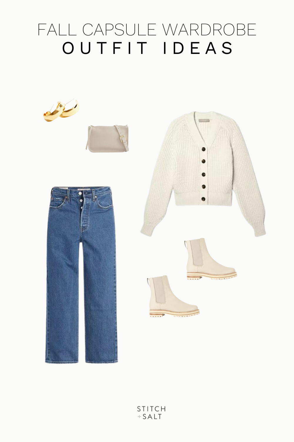 fall outfit idea with a cream sweater, straight denim, cream colored chelsea boots, a beige belt bag, and chunky hoop earrings