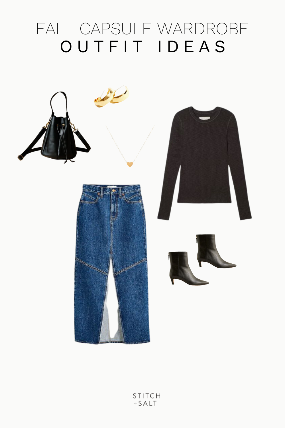 fall outfit idea with a black sweater, denim maxi skirt, black heeled ankle boots, a black bucket bag, heart necklace, and chunky hoop earrings