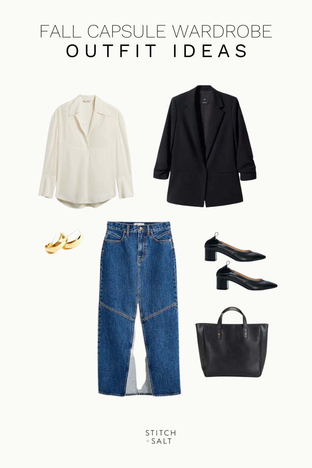 fall capsule wardrobe 2023 outfit idea with a white blouse, black blazer, denim maxi skirt, black heels, and chunky hoop earrings and a black tote bag