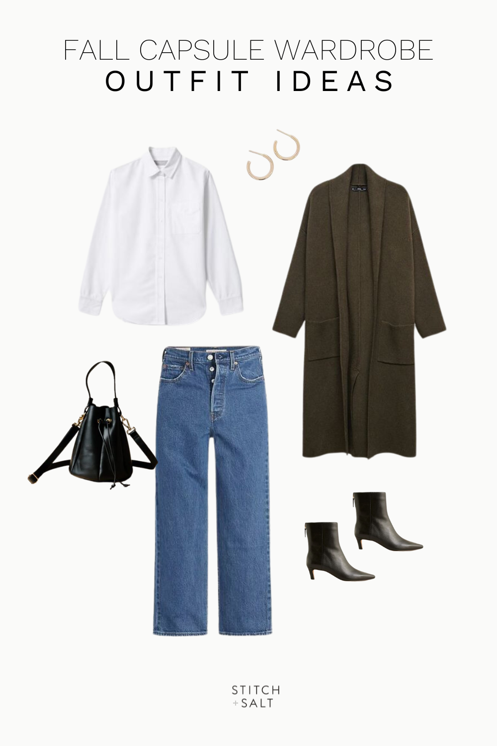 fall capsule wardrobe 2023 outfit idea with a white button down, olive green sweater coat, straight denim, black heeled ankle boots, and a black bucket bag