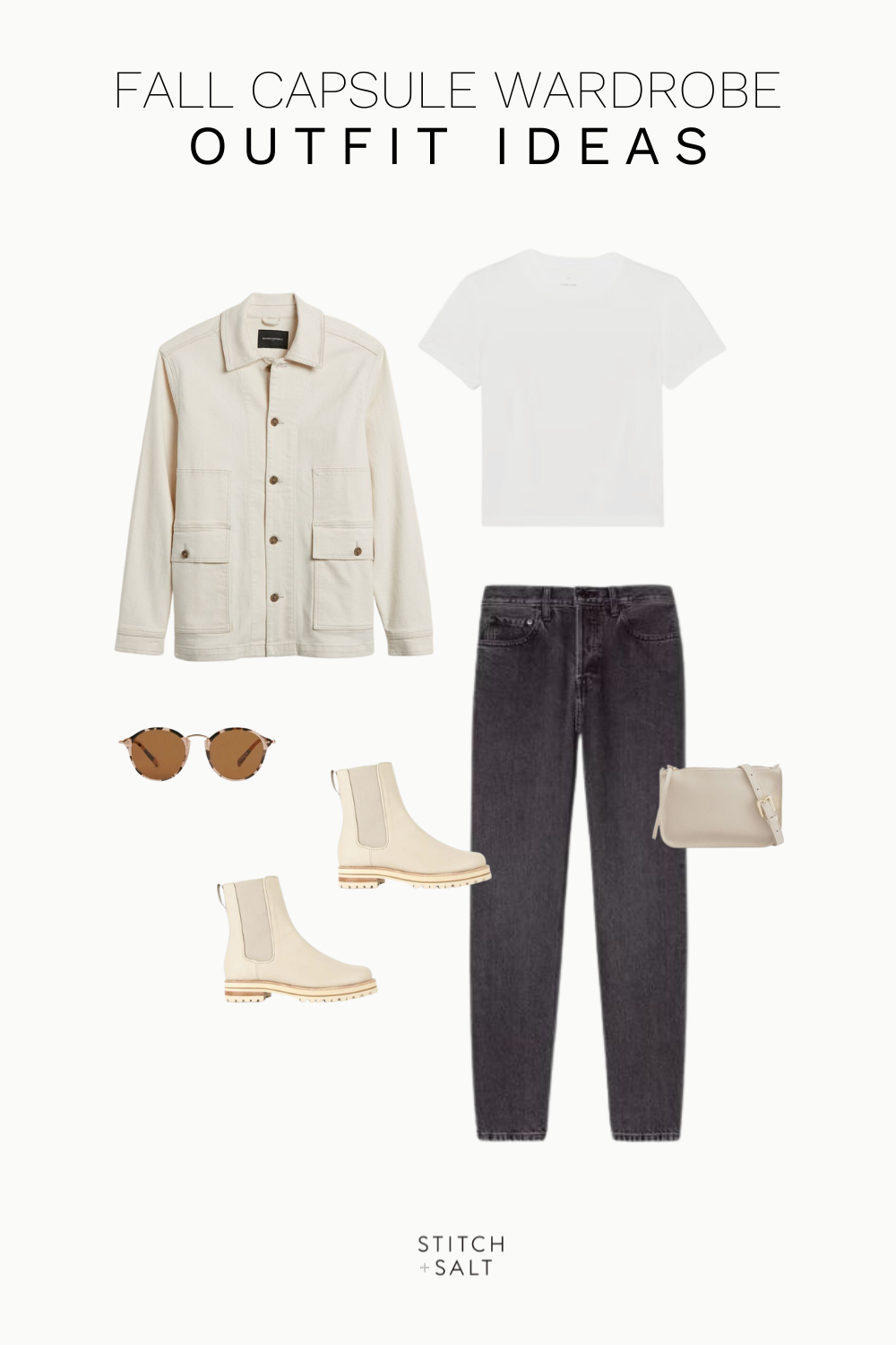 fall capsule wardrobe outfit idea with an ecru chore jacket, white tee, black denim, cream colored chelsea boots, beige belt bag, and tortoiseshell sunglasses