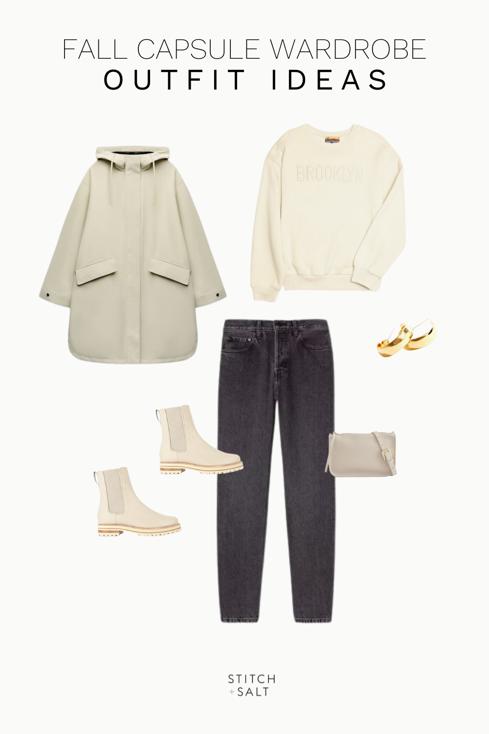 fall outfit idea with a cream graphic sweatshirt, beige raincoat, black denim, cream colored chelsea boots, a beige belt bag, and chunky hoop earrings