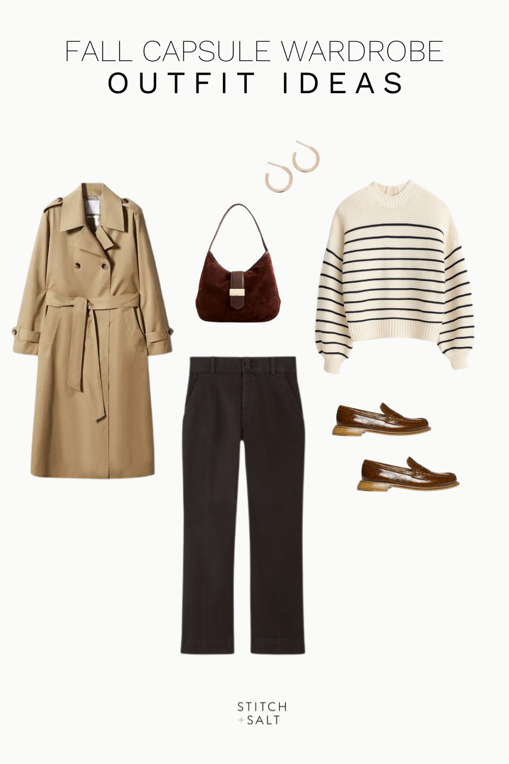 fall capsule wardrobe outfit idea with a striped sweater, black cropped pants, a camel trench coat, brown loafers, and a brown bag and hoop earrings