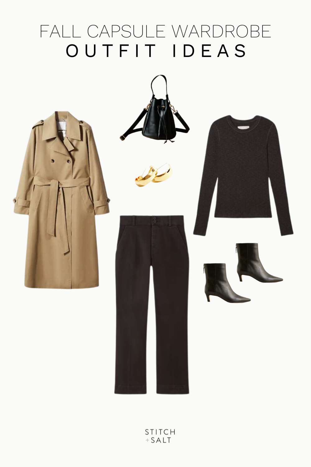 fall outfit idea with a black sweater, black cropped pants, black heeled ankle boots, camel trench coat, bucket bag, and chunky hoop earrings
