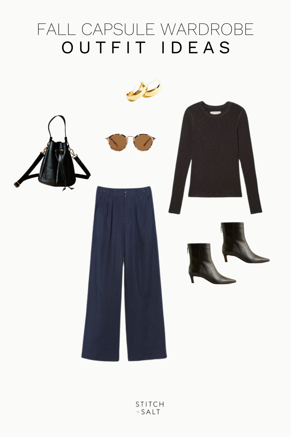 fall outfit idea with a black sweater, navy trousers, black heeled ankle boots, black bucket bag, tortoiseshell sunglasses, and chunky hoop earrings