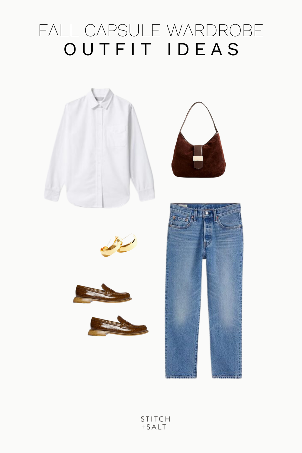 fall capsule wardrobe 2023 outfit idea with a white button down, medium wash denim, brown loafers, brown bag and chunky hoop earrings