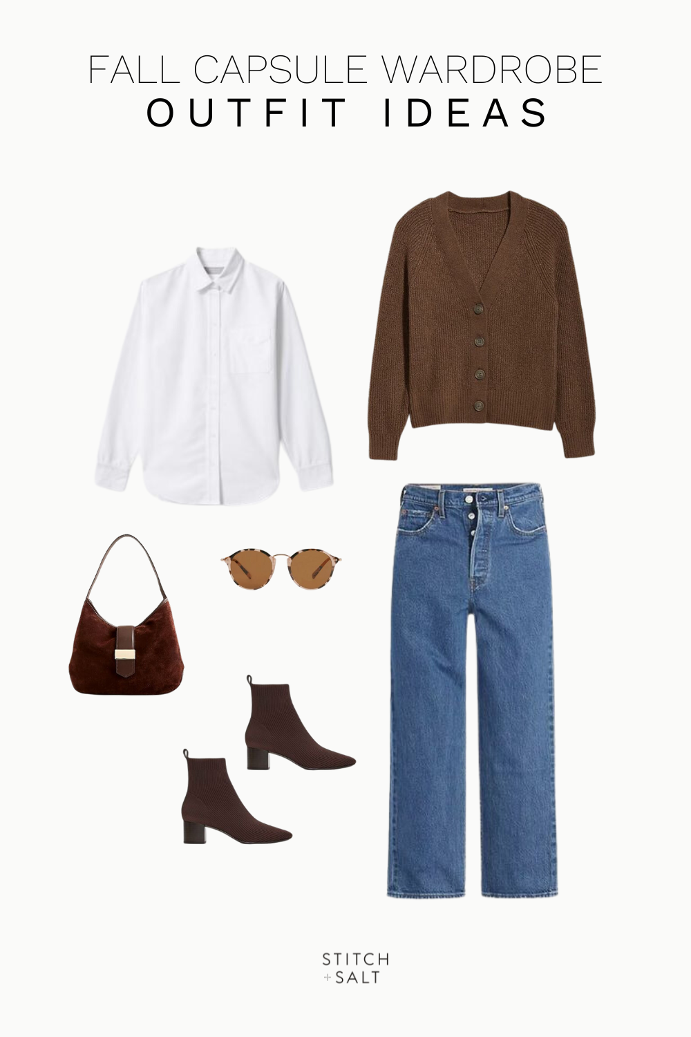 fall capsule wardrobe 2023 outfit idea with a white button down, brown cardigan, straight denim, brown ankle boots, brown bag, and tortoiseshell sungasses