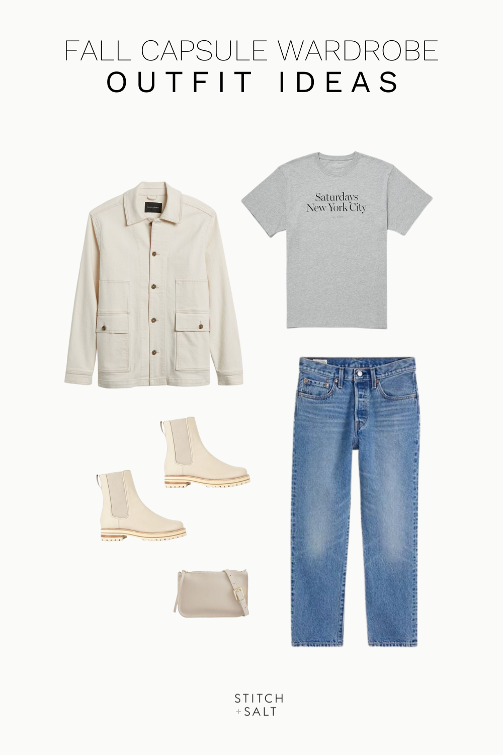 fall capsule wardrobe 2023 outfit idea with a gray graphic tee, ecru chore jacket, medium wash denim, cream colored chelsea boots, and a beige belt bag