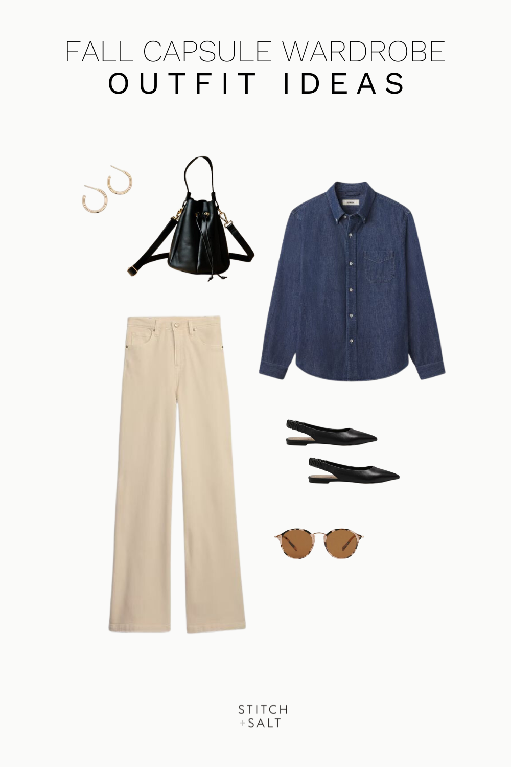 fall outfit idea with denim shirt, ecru denim, black slingback flats, black bucket back, tortoiseshells sunglasses, and hoop earrings