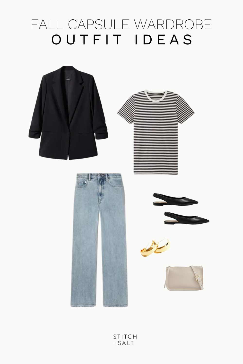 minimal fall outfit idea with a striped tee, black blazer, wide leg jeans, black slingback flats, beige belt bag, and chunky hoop earrings