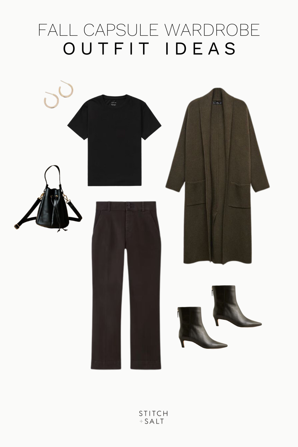 minimal fall outfit idea with a black tee, olive green sweater coat, black cropped pants, black heeled ankle boots, black bucket bag, and hoop earrings