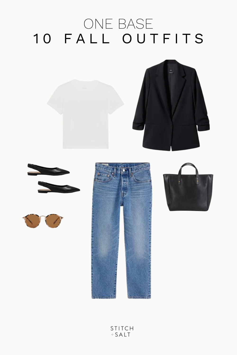 fall outfit idea with a white tee, black blazer, denim, black sling back flats, a black tote bag, and tortoiseshell sunglasses
