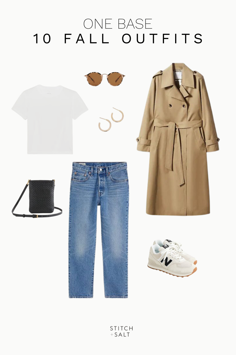 fall outfit idea with a white tee, trench coat, denim, sneakers, a black crossbody bag, hoop earrings, and tortoiseshell sunglasses