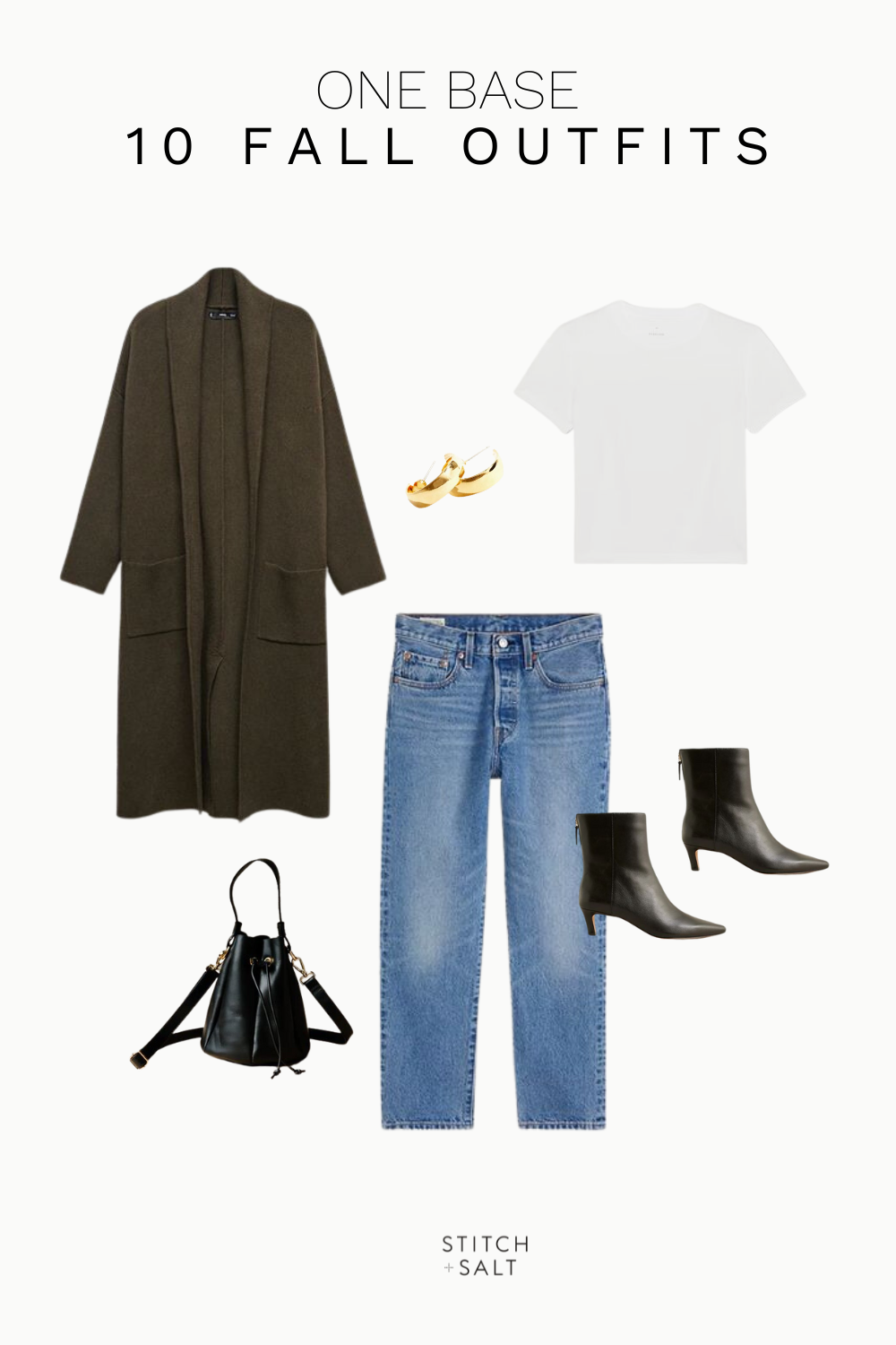 fall outfit with a white tee, green sweater coat, denim, black boots, and chunky gold hoops