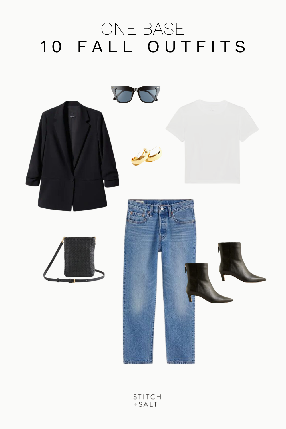 minimal fall outfit idea with a white tee, black blazer, black boots, denim, black crossbody bag, chunky hoops, and cat eye sunglasses