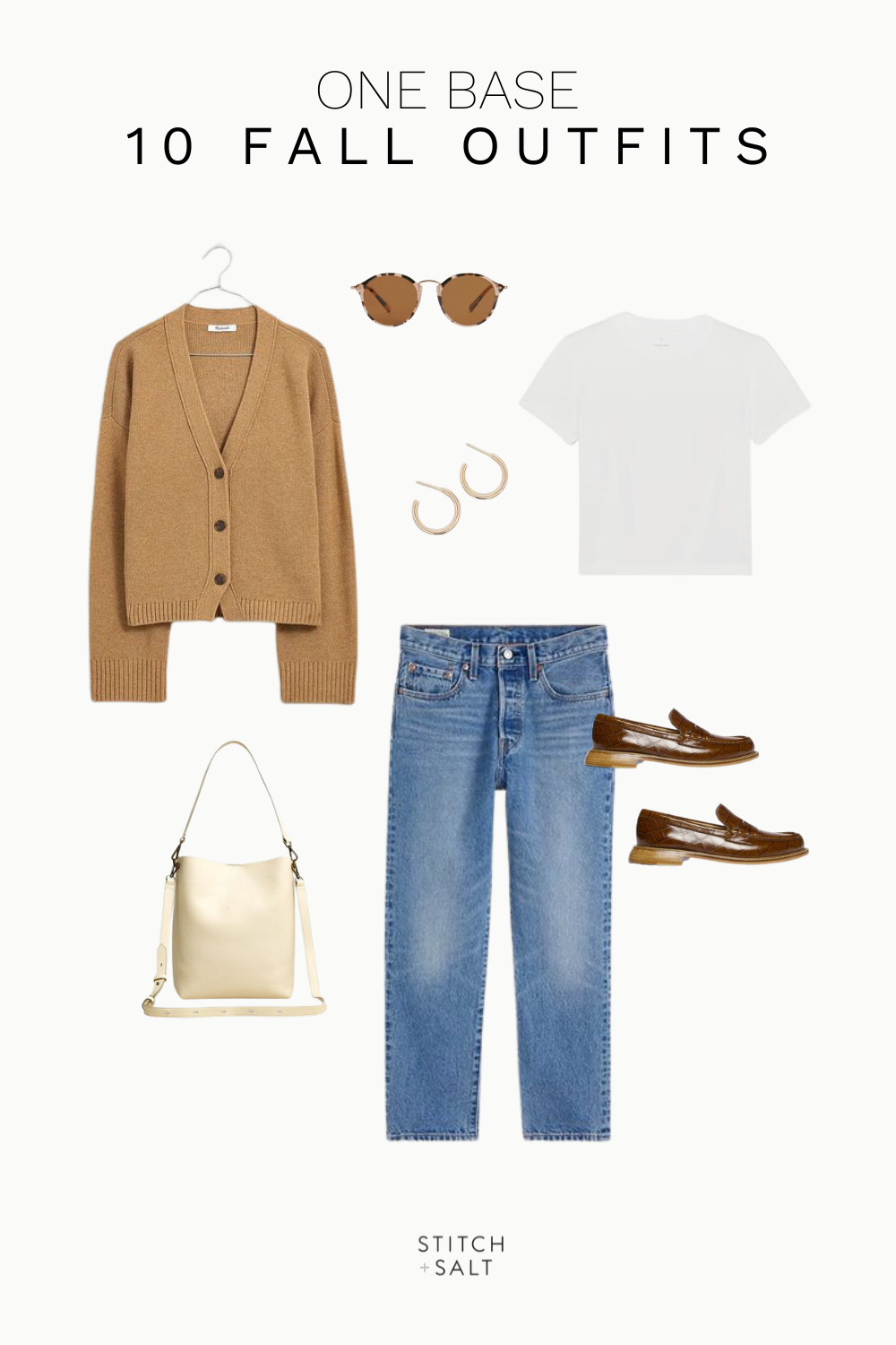 fall outfit idea with a white tee, brown cropped cardigan, denim, brown loafers, cream bucket bag, gold hoops, and tortoiseshell sunglasses