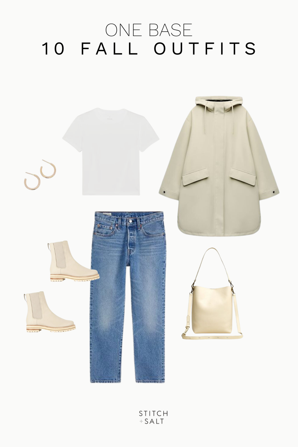 fall outfit with a white tee, beige raincoat, denim, cream colored chelsea boots, cream colored bucket bag, and hoop earrings