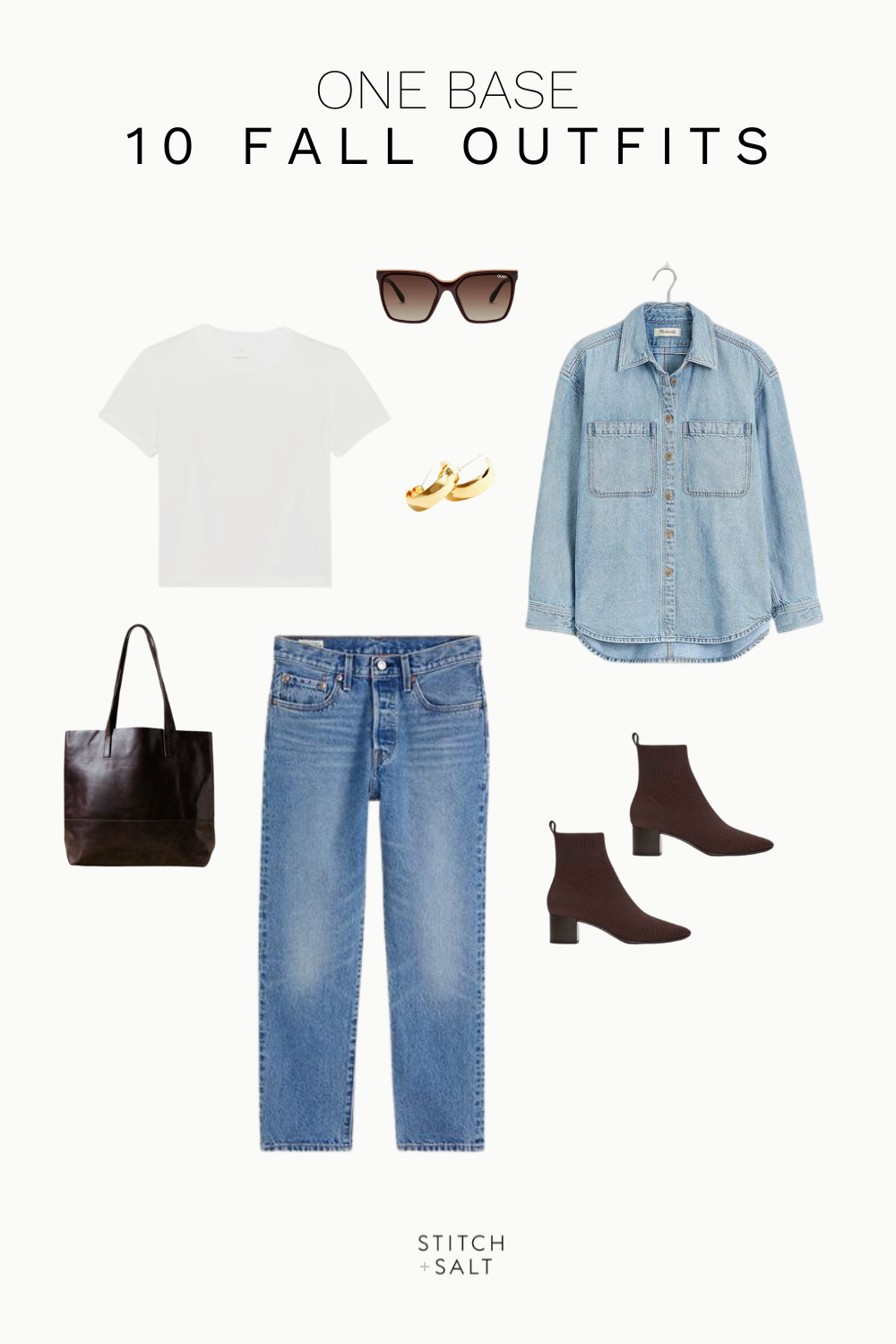 fall outfit with a white tee, denim shirt, denim, brown heeled ankle boots, brown tote bag, chunky gold hoops and brown square sunglasses