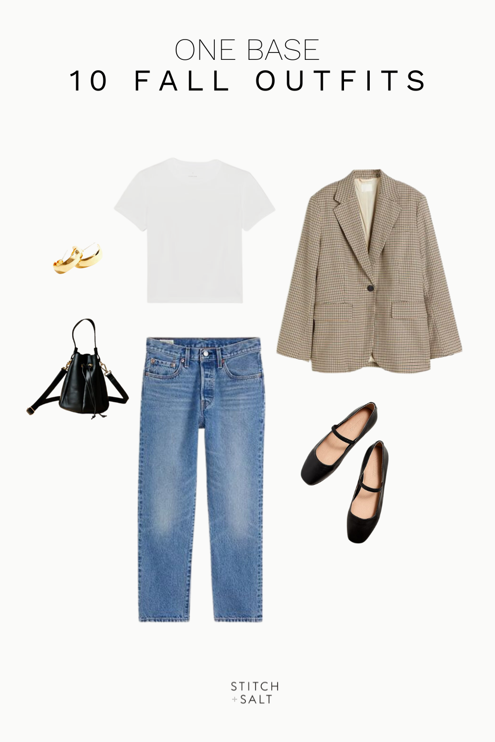 fall outfit idea with a white tee, plaid blazer, denim, mary jane flats, black bucket bag, and chunky gold hoops