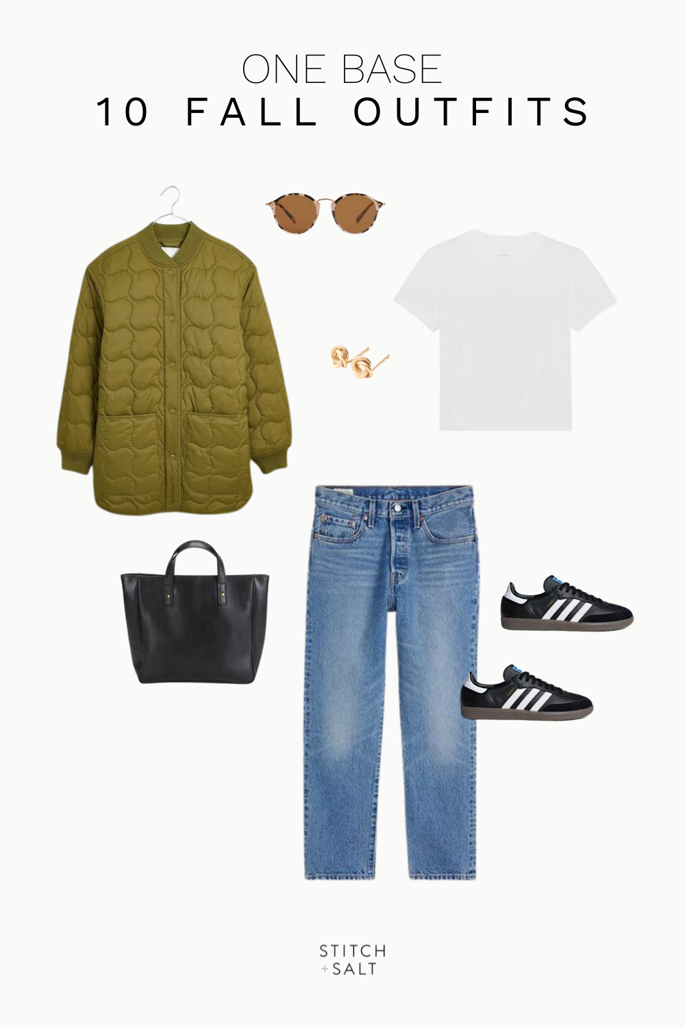 fall outfit with a white tee, olive green puffer coat, denim, black Adidas Sambas, black tote bag, and gold stud earrings