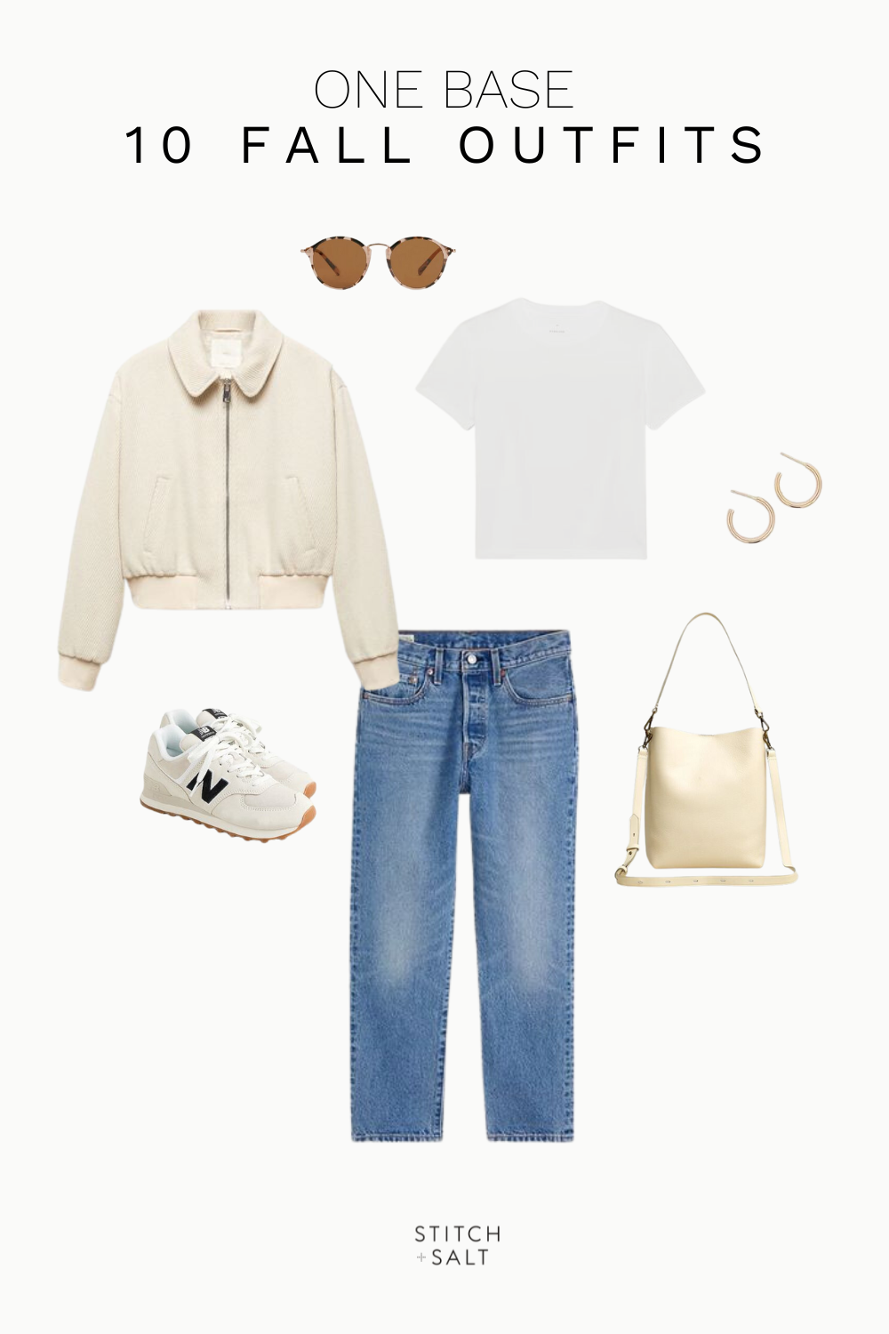 fall outfit idea with a white bomber jacket, white tee, denim, sneakers, and a cream colored bag
