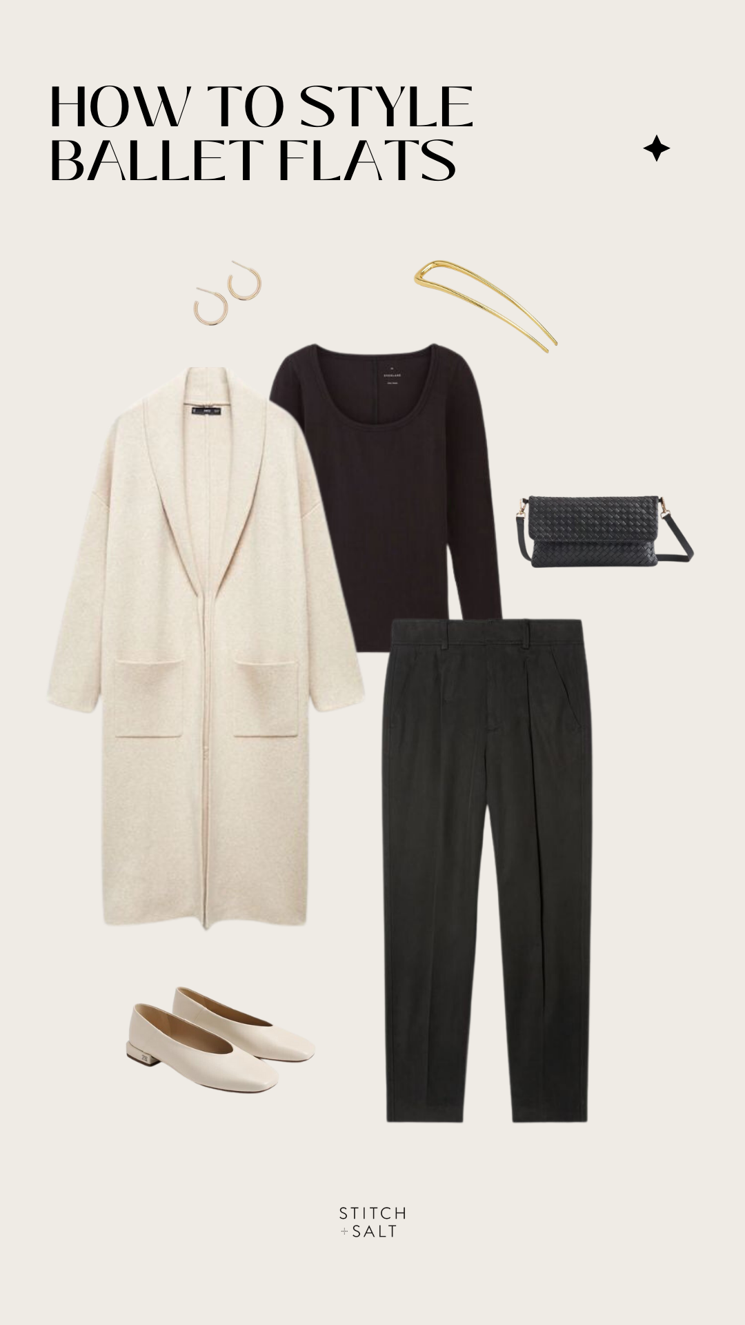 dressy fall outfit with black pants, black long sleeved tee, cream sweater coat, ivory ballet flats, and a woven black crossbody bag